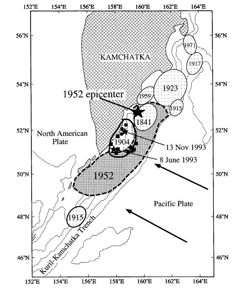 Map showing the 1952 rupture zone. It extends southward from the epicenter to the north. Map from Johnson and Satake "Asperity Distribution of the 1952 Great Kamchatka Earthquake
and its Relation to Future Earthquake Potential in Kamchatka", PEPI 1999