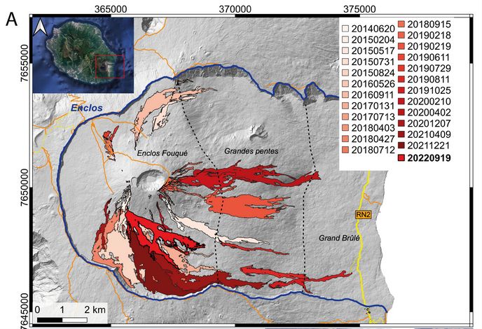 Map of the lava flows, in different colors, from 2014 to end of 2022. The limits of the Piton de la Fournaise caldera, named l'Enclos are shown by the blue line.