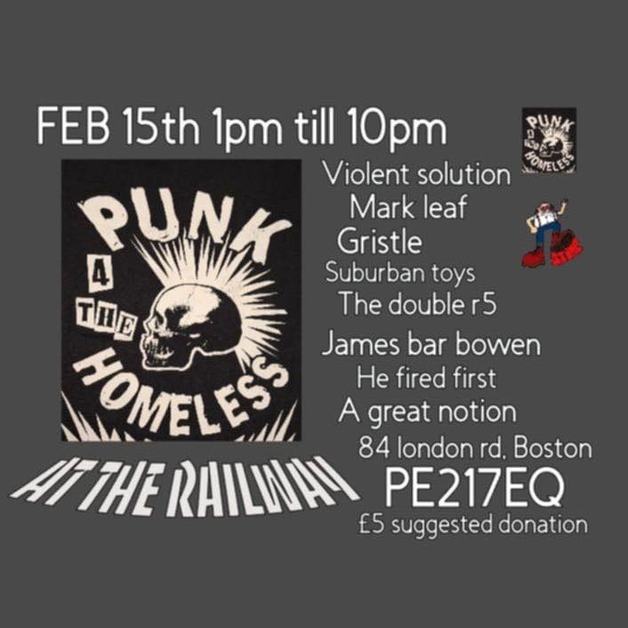 Saturday 15th February - Violent Solution // Mark Leaff // Gristle // Suburban Toys // The Double R 5 // James Bar Bowen // He fired first // A Great Notion
1pm - 10pm - The Railway, Boston (Linc)

More info: https://fb.me/e/6midZlHX0