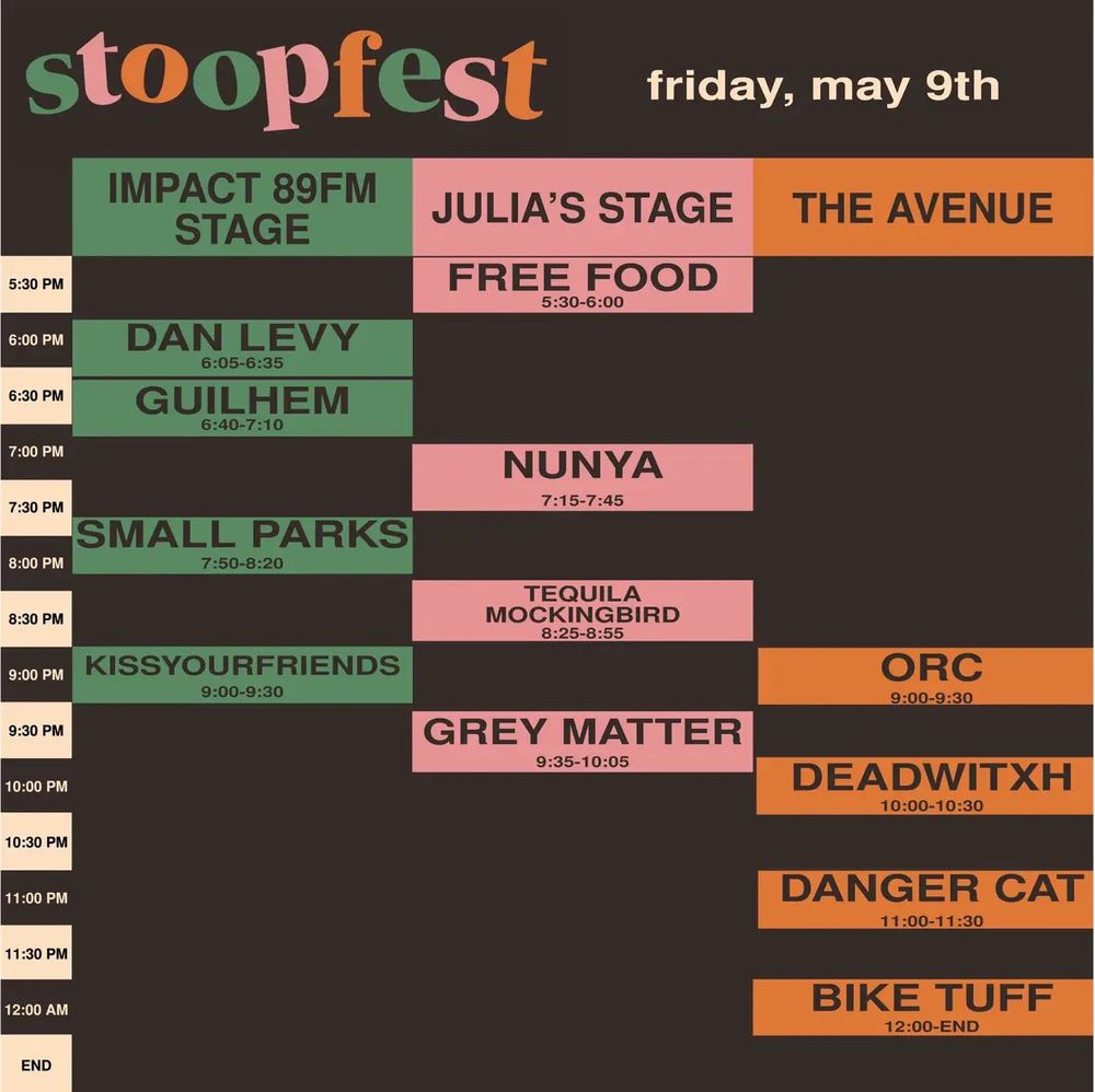 Stoopfest lineup for Friday, May 9, 2025