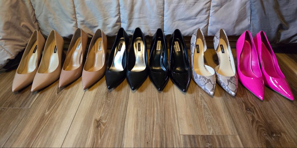 L-R: Nine West Tatiana stiletto pumps in nude leather, Steve Madden Evelyn stiletto pumps in tan patent leather, Nine West Fresh stiletto pumps in black leather, Steve Madden Evelyn stiletto pumps in black patent leather, Nine West Folowe D'Orsay stiletto pumps in gold snake and Steve Madden Thrive stiletto pumps in hot pink patent leather 