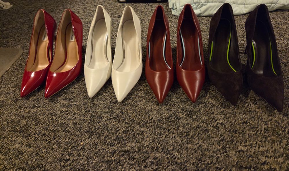 L-R: Steve Madden Evelyn stiletto pumps in red patent leather, Steve Madden Thrive stiletto pumps in white leather, Steve Madden Thrive stiletto pumps in wine leather and Steve Madden stiletto pumps in brown suede 