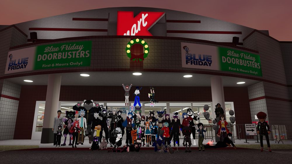 A group photo taken in front of the new VRChat Kmart "Main Store"