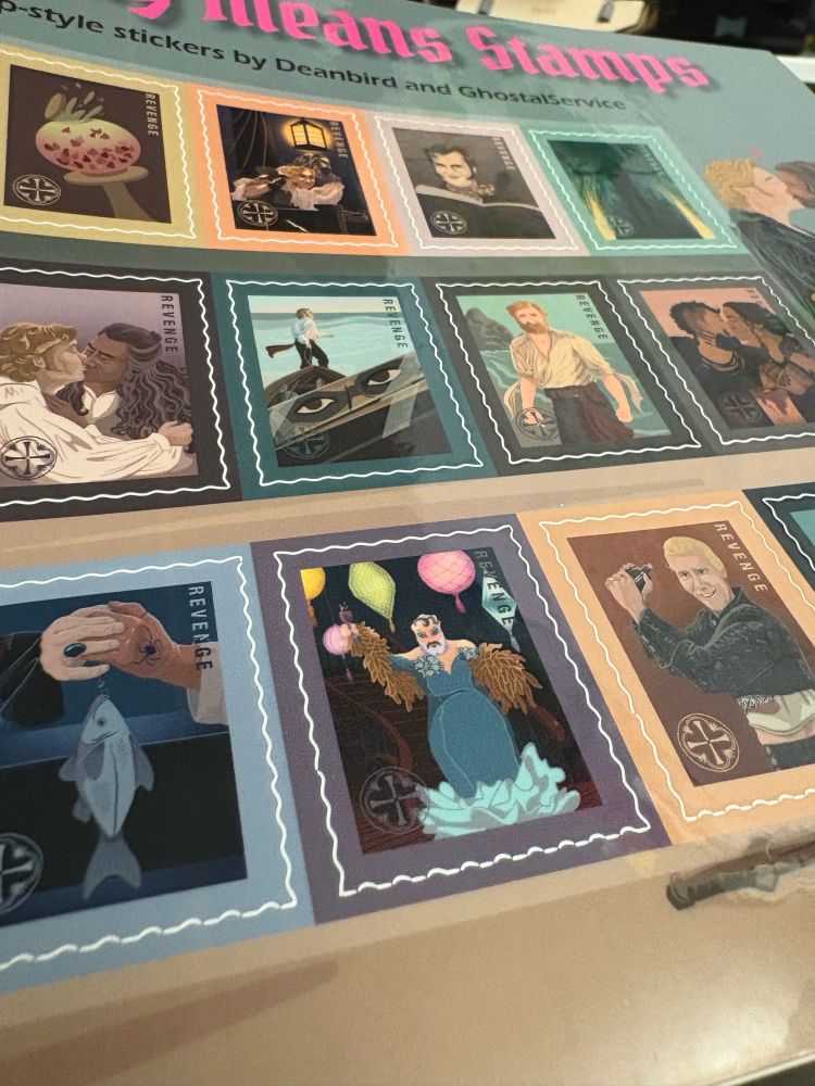 Close up of a sheet of stickers illustrating scenes and characters from Our Flag Means Death. Calypso is centered, looking extra fierce. 