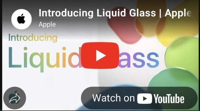 A screenshot of apple's 'Liquid Glass' embedded video. The play logo blocks the 'G' on 'Glass'