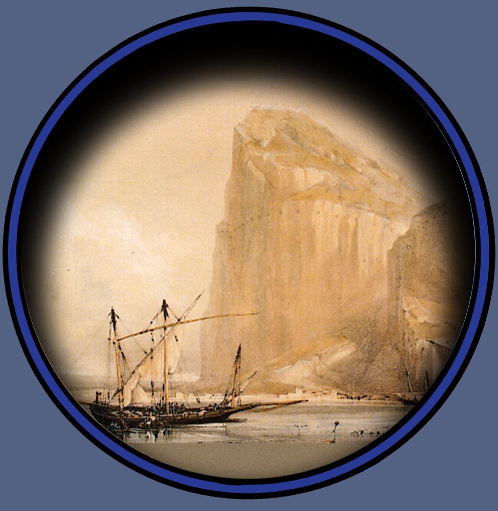 A painting of a sailing ship in the foreground with The Rock of Gibraltar in the background.