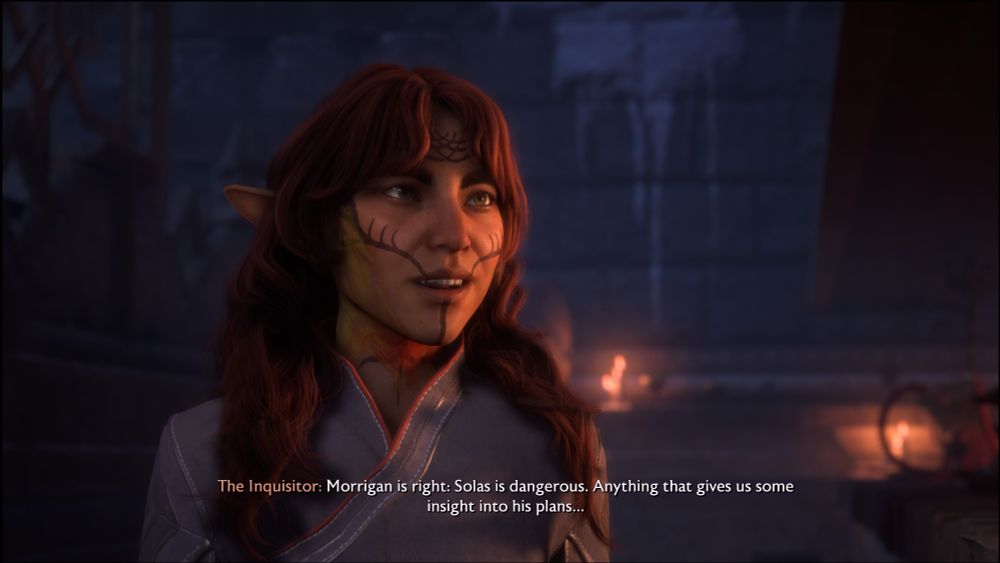 a screenshot from Dragon Age of the Inquistor, an elf with warm tan skin and long auburn hair