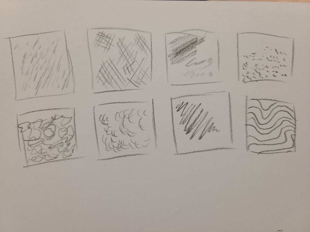 eight sketched boxes with various line marks in each: chicken scratch, hatching, shading, stipples, messy scribbles, curved little lines, straighter scribbles and wiggly lines