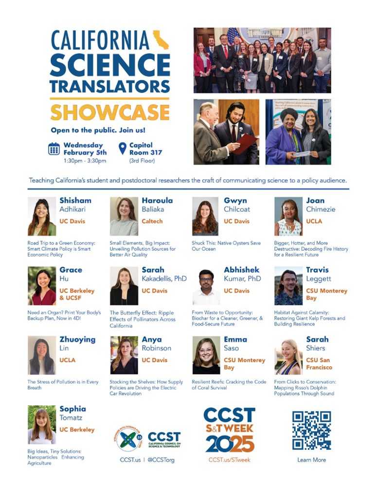 A roster of the Science Translators, featuring their headshots, names, universities, and slogans. Also contains logos for CCST and S&T Week, a QR code to learn more and a banner image with the Science Translators logo and photos from prior years.