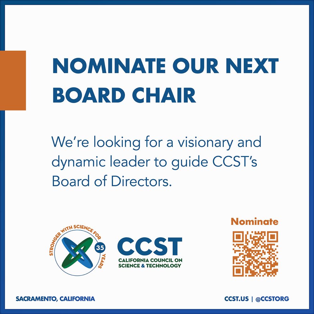 Graphic: Nominate our next board chair. We’re looking for a visionary and dynamic leader to guide CCST’s Board of Directors. With CCST logo and orange QR code.