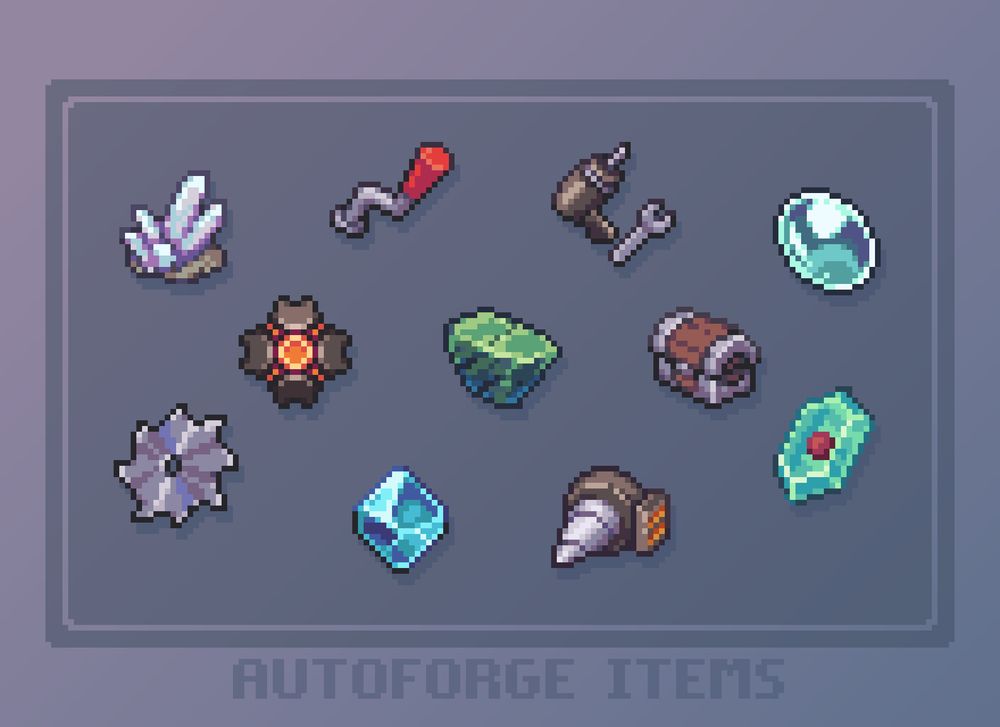 A sheet of pixel art icons of items from an indy game. They vary between resources like gems and small machines like cranks and drills.