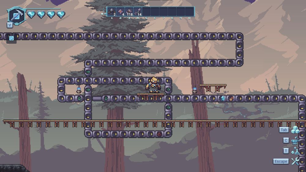 A screenshot of the indie game AutoForge depicting a long, weaving thread of tubes, transporting items. The character is standing idly in the foreground as the sun sets on the mountain/forest backdrop.