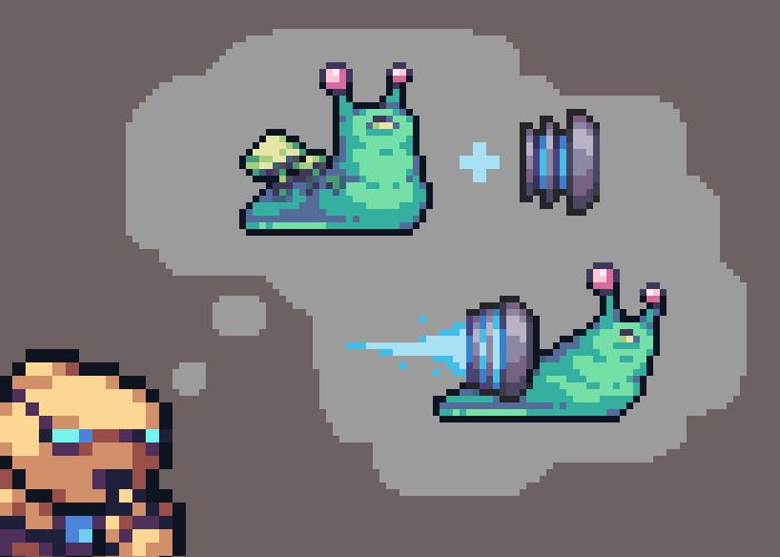 A daydream image of the aforementioned Porter technology strapped to the back of a slug enemy, propelling them forward with high intensity, appearing as a cloud imagination bubble over Otto's (AutoForge's main character) head.