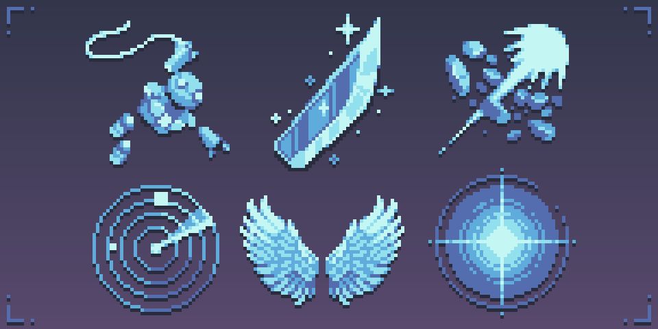 Six pixel art icons for character skills - they are all a bright blue, almost as if they are made of light, over a dark background. One features a character swinging on a thread, another a pair of wings and a third showing a sparkling blade.