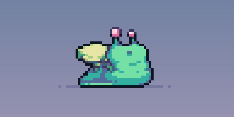 A Pixel Art sprite of a Mycosiph (a illuminous slug creature) from AutoForge looking at the camera with it's cheeks fully inflated like a hamster eating. It looks startled.