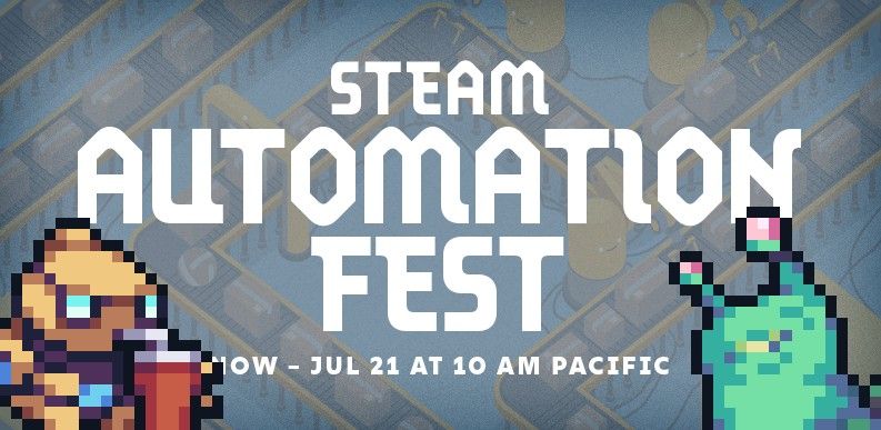Steam Automation Fest promo banner with autoforge characters superimposed over the top. Otto the golem is sipping a fountain drink and the mycosiph slug is smiling slyly.
