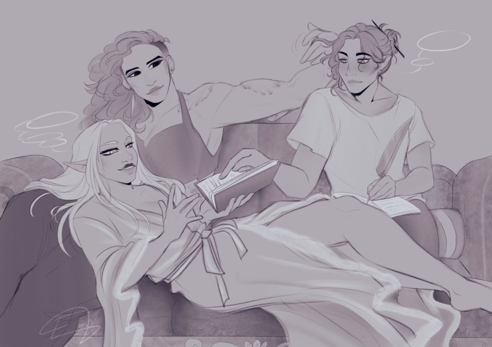 Girls night with the neapolitan lesbians; Alma writing up her notes and Elvira playing with her hair while Julia reads aloud, enjoying some down time after work. For @avvarqueen
