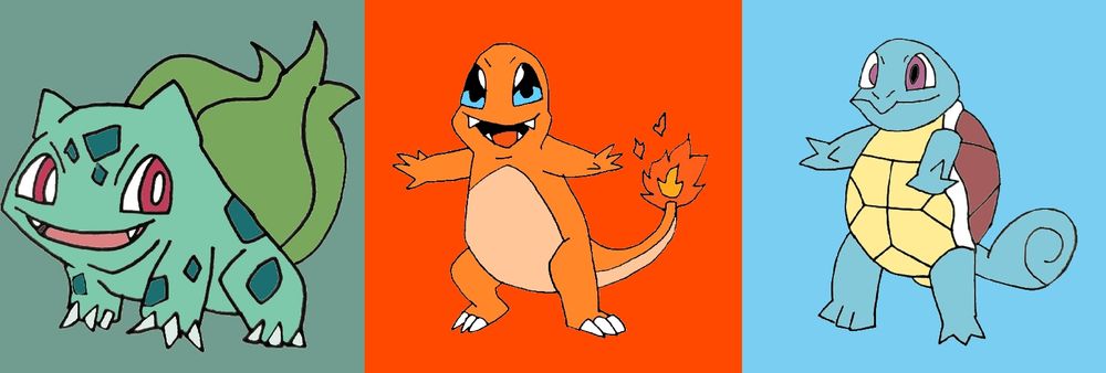 An illustration of Bulbasaur,Charmander and Squirtle the first starter Pokémon, their first apperence Is in Pokémon Red&Blue 