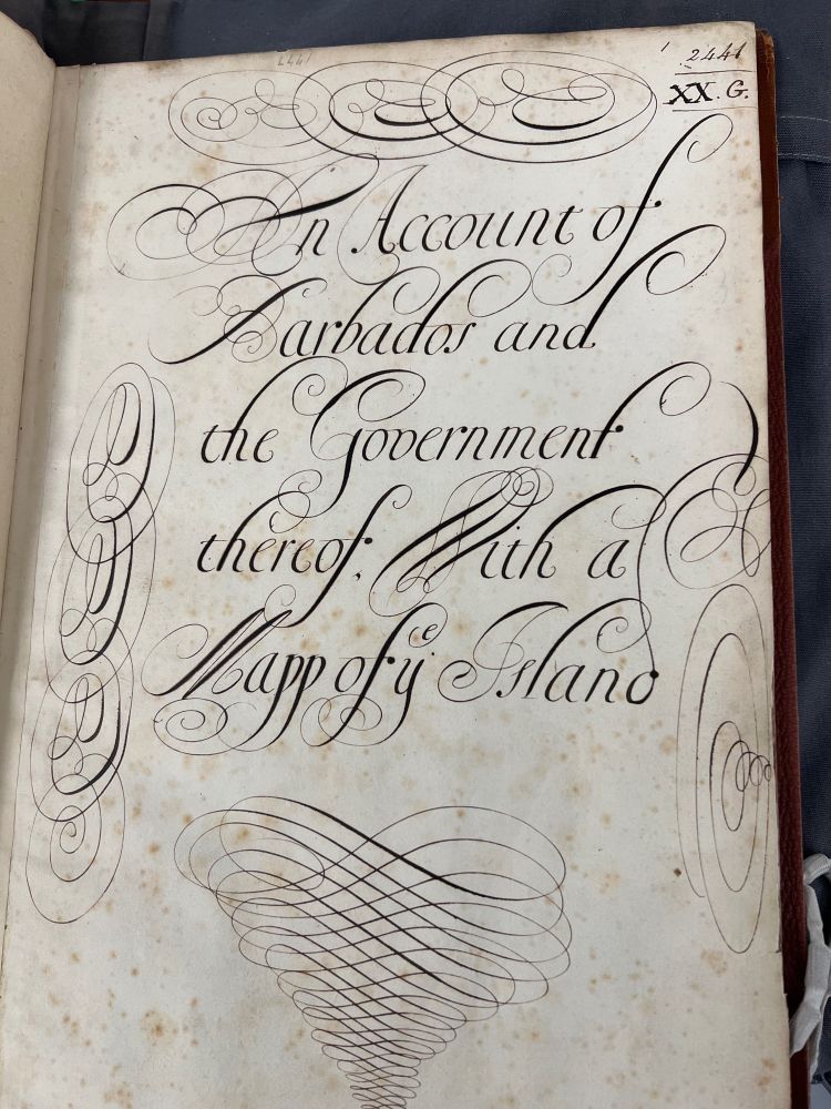 A manuscript title page reading "An Account of Barbados and the Government thereof: With a Mapp of ye Island"