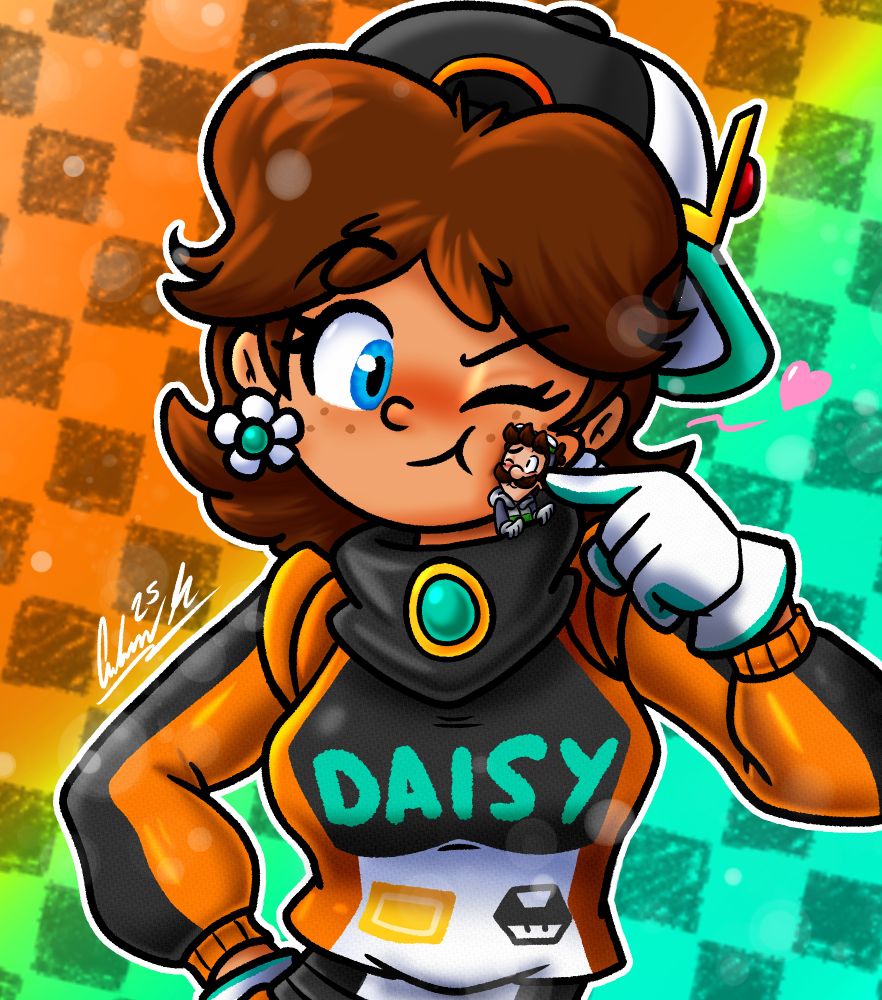 Daisy in her Pro Racer Suit poking a tiny Luigi inside her neck hole to her cheek with love!