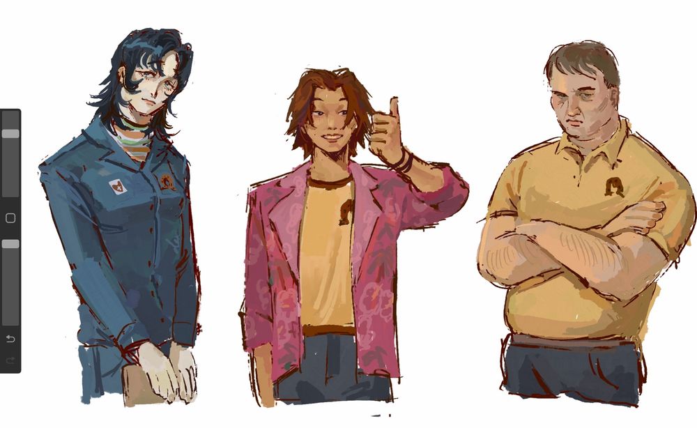 from left to right: anya from mouthwashing holding a clipboard, daisuke holding up a thumbs up, and swansea looking cross with crossed arms (haha. goodness im hilarious)