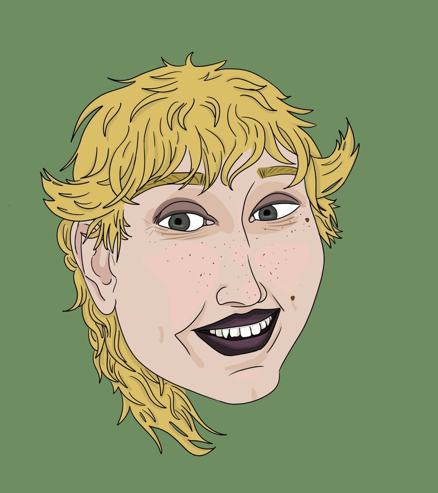 Self portrait done digitally of scooter. They have black to purple lipstick, grayish purple eye shadow, yellow eyebrows and bright yellow wavy hair. The hair is long in the back and they have two flippy tufts of hair on either side next to the eyes 