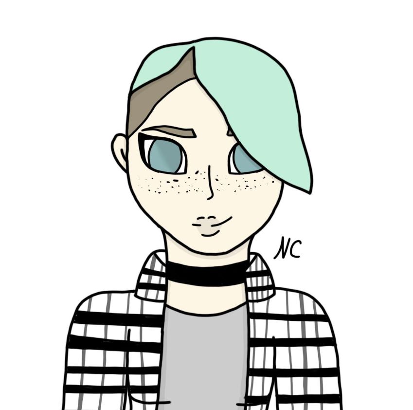 A digital drawing of a person with short blue hair, blue eyes, a white flannel, and a choker.