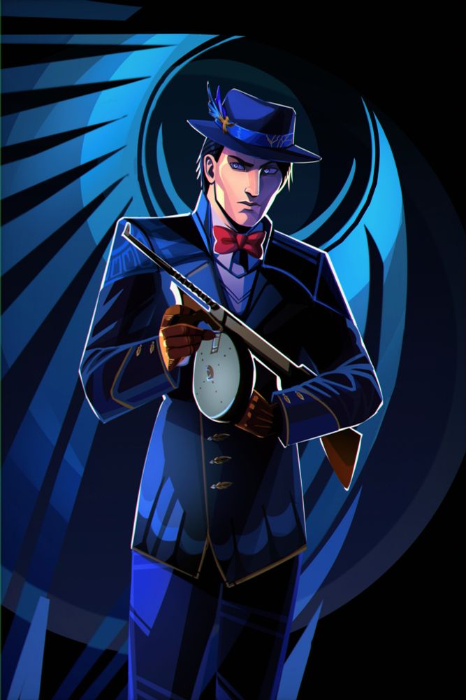The image depicts a stylish man in a blue and black suit with a red bow tie and brown gloves. He holds a Thompson submachine gun (the so-called "gangster submachine gun") and wears a blue hat with a feather.

The background is dark blue and purple with geometric patterns.