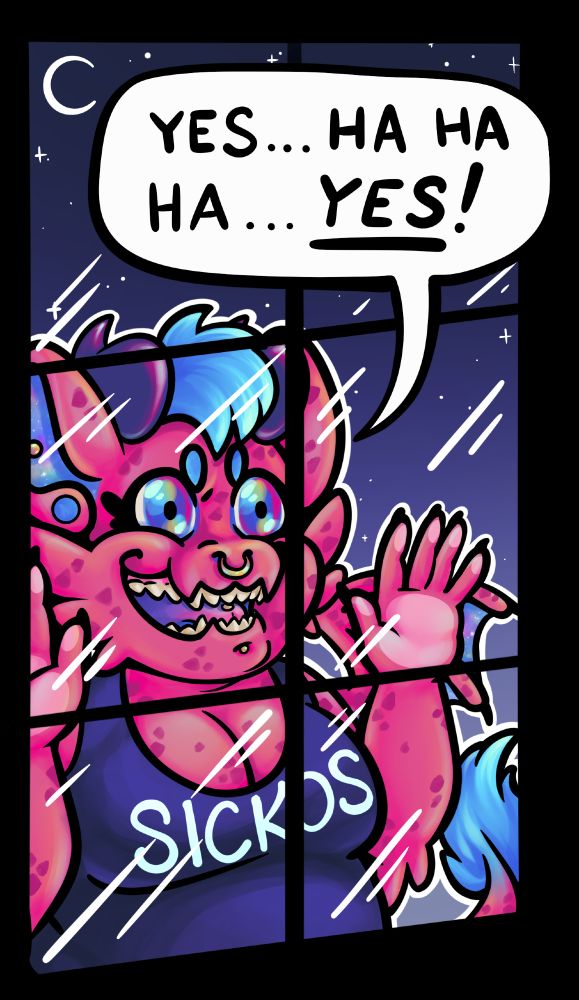One of the sticker designs available for pre-order of pink anthro dragon Fuchsia in the cassic "sickos" meme pose at the window.