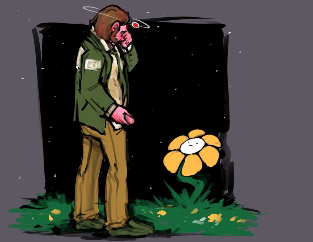 Simple digital painting: Harrier du Bois is about to piss onto Flowey.