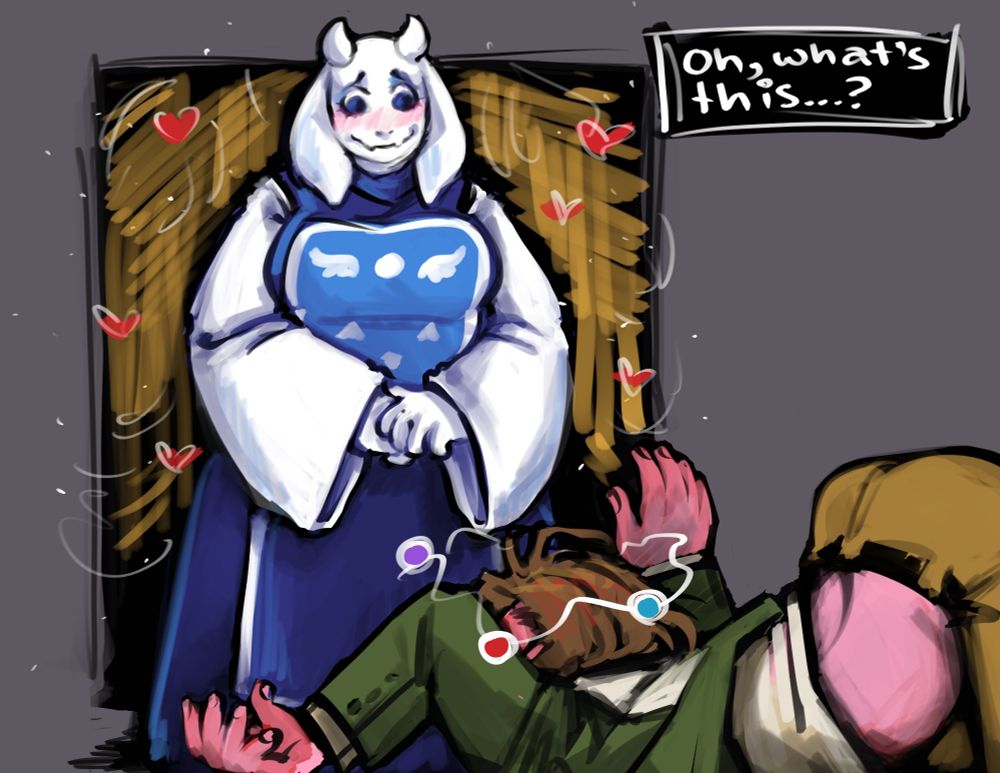 Simple digital drawing: Toriel is nervously and sweetly regarding a broken Harrier du Bois with a text box that says "Oh, what's this...?"