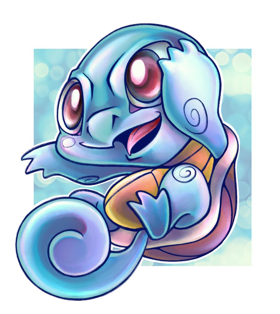 Digital drawing of a Squirtle gleeful and mid leap