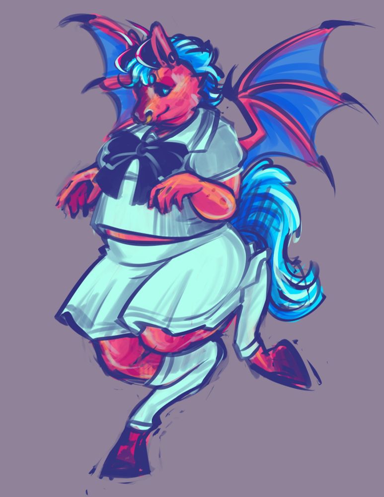 Digital sketch of a pink anthro horse Fuchsia with a turquoise blue mane and tail. They are reared up with one leg kicked back and wearing a uniform with a short sleeve shirt that has a collar and bow, a skirt, and something resembling socks but with an opening for the hoof. They also have horns and wings like their dragon form.