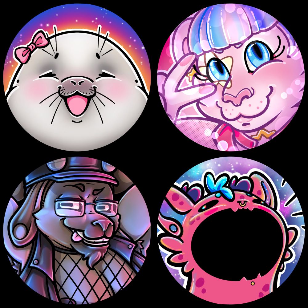 The four matching icons: a cute white seal, a pink lion making a peace sign, a flirtatious goat, and a yapping pink dragon.