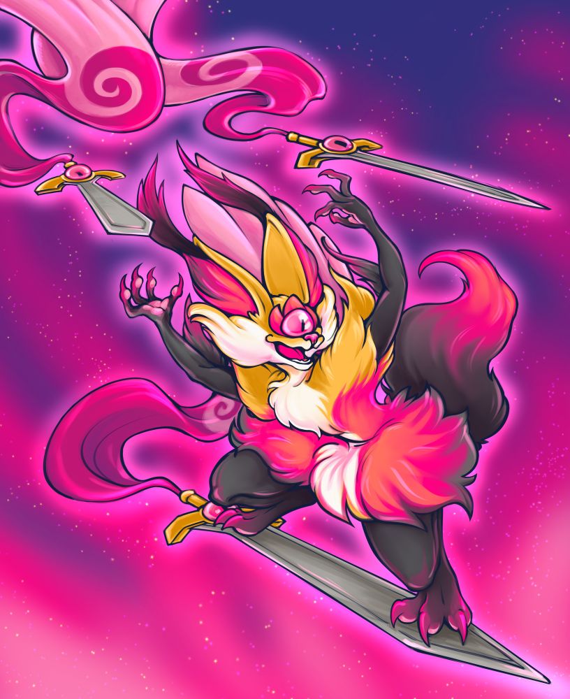 A digital drawing of a Braixen with one eye flying on a pink Honedge with two other Honedge flying with it. It has longer tufts like mega Delphox and the Honedge mirror its brooms