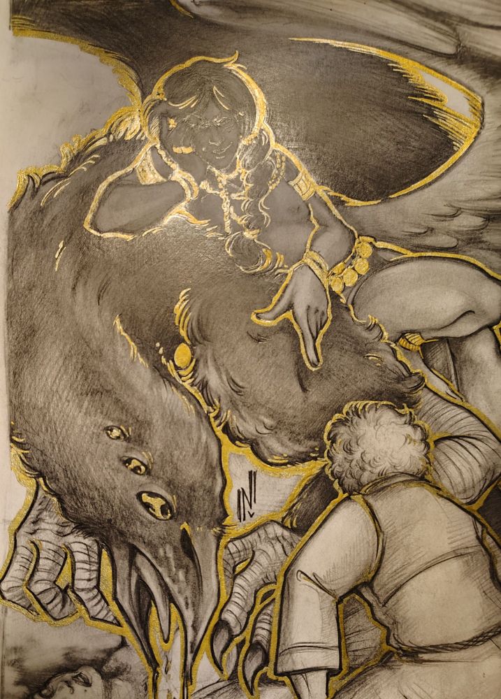 A photo of a graphite drawing at an angle where you can see golden outlines reflecting brightly. The drawing is of a deity reclined upon their aspect, a crow-like monster. The monster is hunched over a corpse of a woman, and a monk in simple robes is kneeling witnessing the scene.