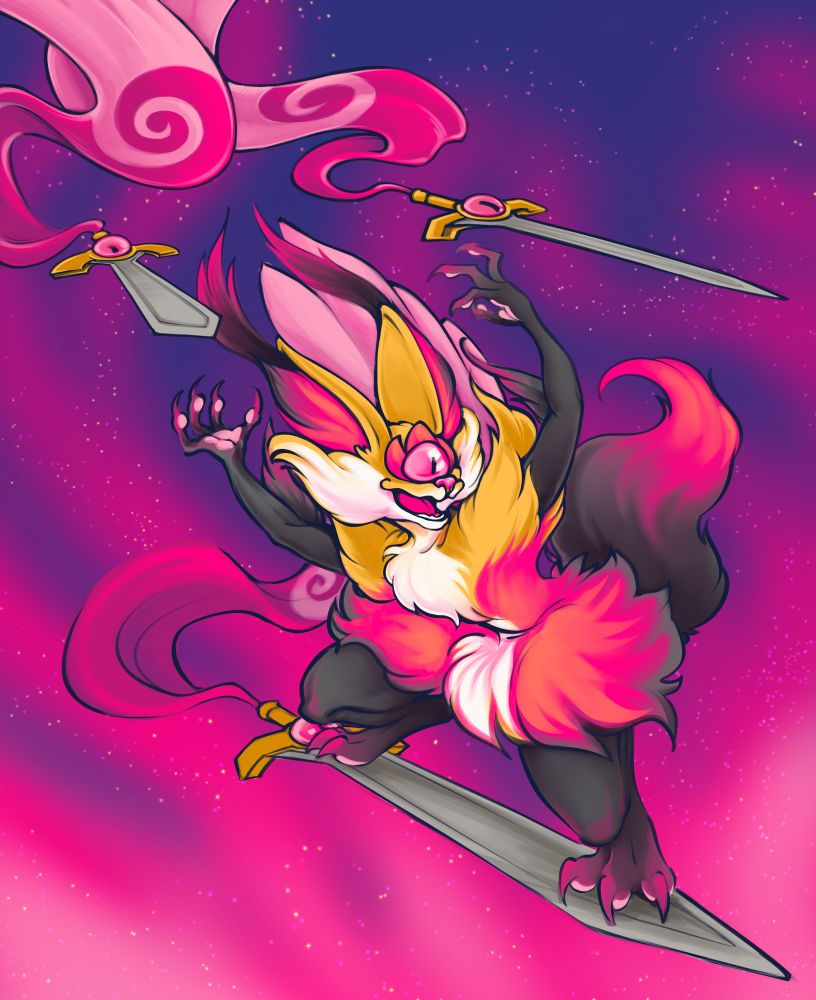 In progress digital drawing of a braixen with one eye flying on a honedge with two other honedge flying behind it, similar to mega delphox and its broom