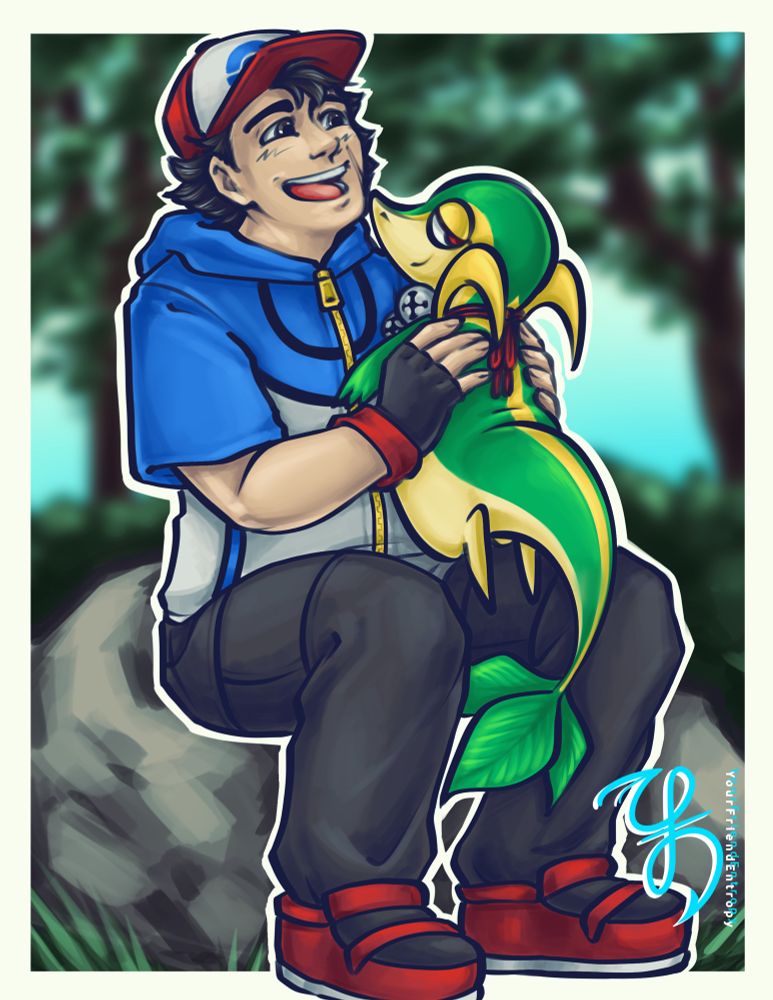 A digital illustration of Ash Ketchum holding Snivy with two soothe bells around her neck.