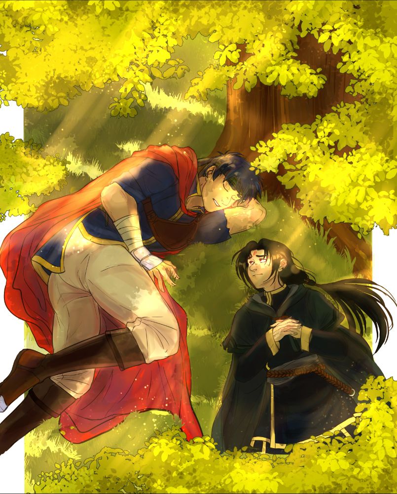 Ike and soren from the video game fire emblem path of radiance laying under a tree. Soren is looking wistfully at a sleeping ike