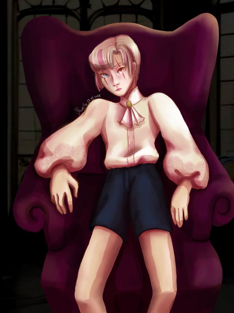 My OC Khen (blond young boy) sitting in an armchair. He wears a white blouse and dark shorts 