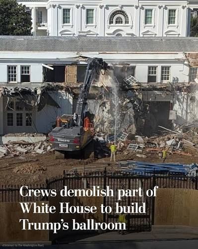 A photo showing the Trump administrations demolition of the White House East Wing.