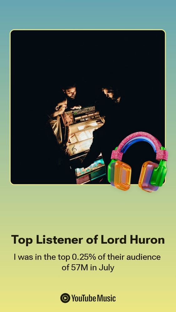 Graphic image from YouTube Music showing the album cover for Lord Huron's The Cosmic Selector volume I and the text: "Top Listener of Lord Huron I was in the top 0.25% of their audience of 57M in July"