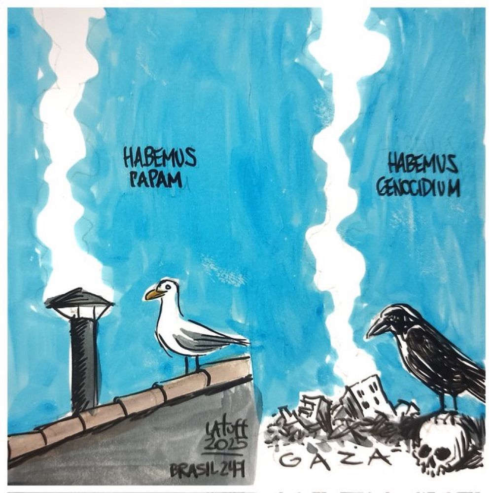 A la izquierda de la ilustración, una gaviota blanca aparece sobre una chimenea del Vaticano junto a la frase “Habemus Papam” en referencia a la elección del nuevo papa León XIV.

A la derecha, un cuervo negro se posa sobre escombros, calaveras y ruinas con la palabra “Gaza”, bajo el texto “Habemus Genocidium”.