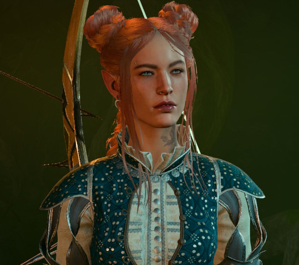 A half-elf female tav with pink hair in sailor moon buns, wearing a fancy bard outfit