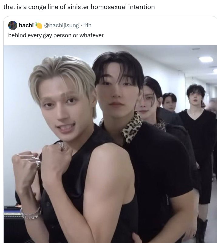 An image of five men standing in a row with the caption: that is a conga line of sinister homosexual interaction. 