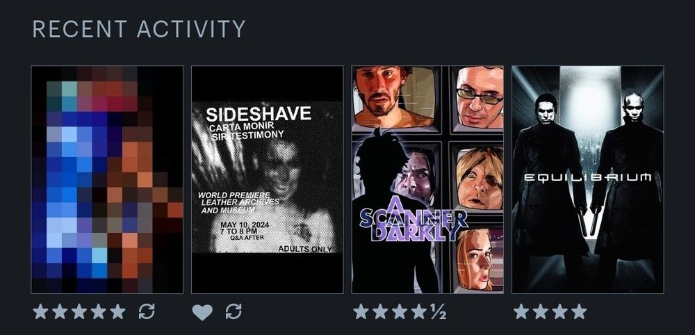 Cafe Flesh, Sideshave, A Scanner Darkly, Equilibrium 