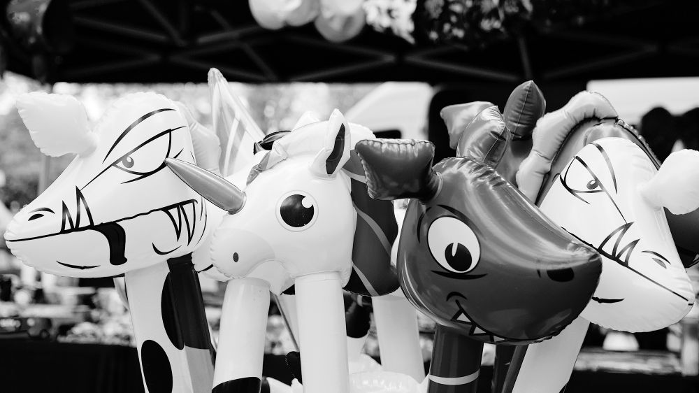 Inflatable characters with big eyes and funny faces