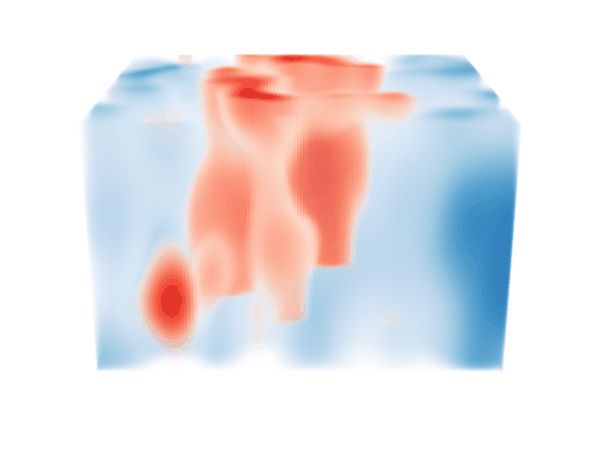 A rotating 3D-rendered volume showing ocular dominance columns as vertically extending structures (red) in the mouse visual cortex
