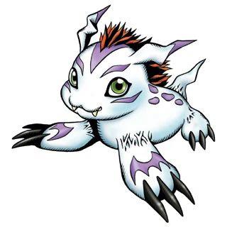 gomamon from digimon adventure. he is a little white aquatic mammal with purple spots, a red mohawk and big claws. he is a good dog