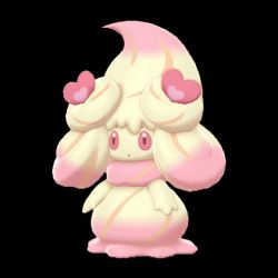 it is a reference picture of a fancy Alcremie. she is a little cake animal from Pokemon. this one is vanilla-strawberry swirl with pink heart candies. she is my absolute favorite little thing they ever did
